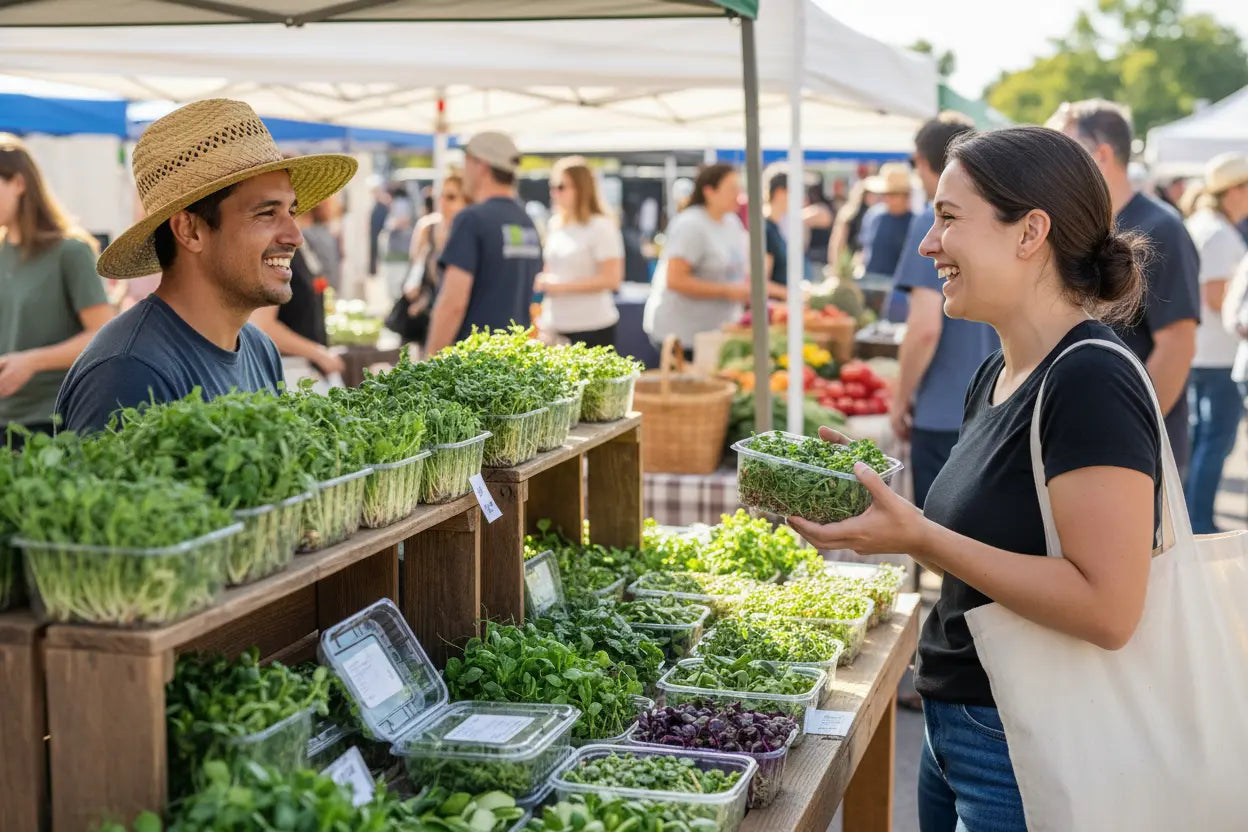 Farmers market microgreens farmer and customer happy times