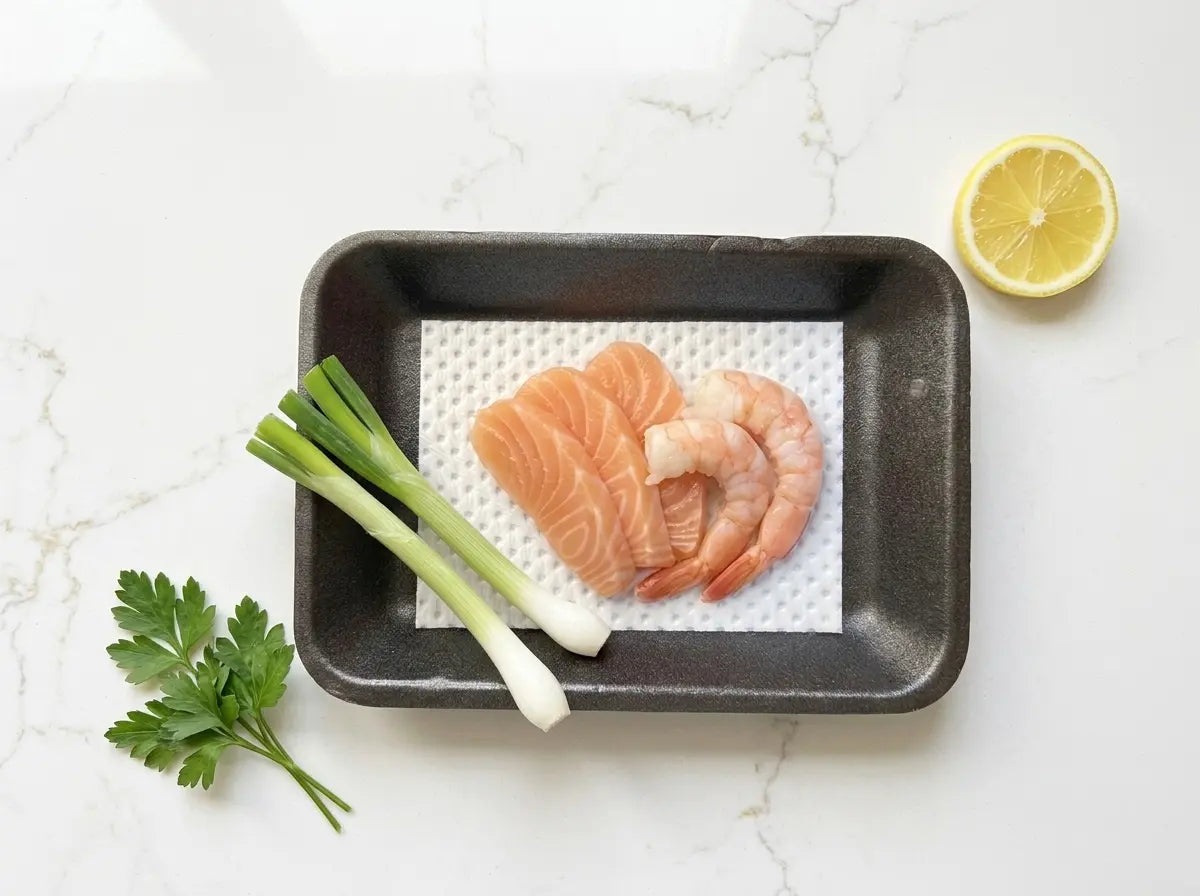 Sashimi and prawns resting on a Hydra-Sorb compostable absorbent soaker pad in a black tray on a white quartz counter