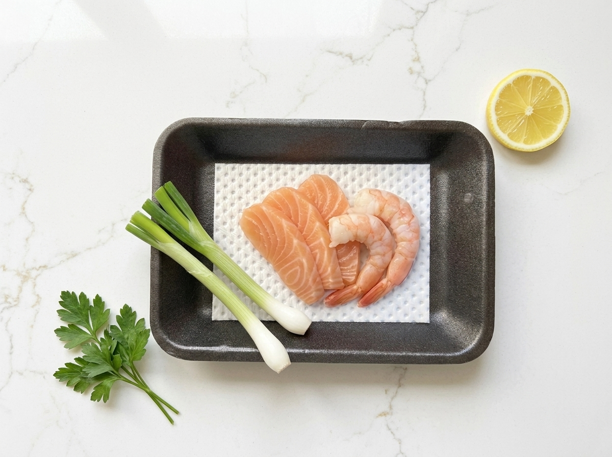 Sashimi and prawns resting on a Hydra-Sorb compostable absorbent soaker pad in a black tray on a white quartz counter